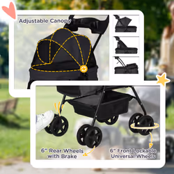 PawHut Pet Stroller Foldable Travel Carriage w/ Brake Basket Canopy, Black - Additional view 4