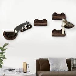 PawHut 4PCs Wall Mounted Cat Tree Cat Wall Shelves W/ Scratching Post Dark Brown