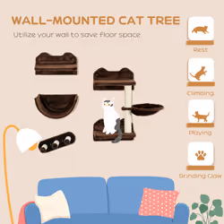 PawHut 4PCs Wall Mounted Cat Tree Cat Wall Shelves W/ Scratching Post Dark Brown