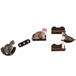PawHut 4PCs Wall Mounted Cat Tree Cat Wall Shelves W/ Scratching Post Dark Brown - Additional view 8