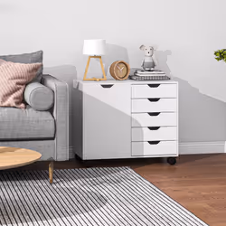 HOMCOM Modern Mobile 5-Drawer Cabinet w/ Door, Office Storage Cabinet White - Additional view 7