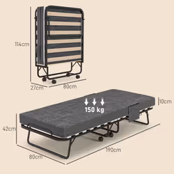 HOMCOM Folding Bed with Mattress Foldable Guest Bed on Wheels w/ Cover Dark Grey