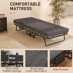 HOMCOM Folding Bed with Mattress Foldable Guest Bed on Wheels w/ Cover Dark Grey