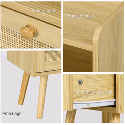 Bedside Tables, Set of 2, Boho Side End Table w/ Drawer, Storage Compartment - Additional view 4