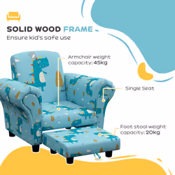 AIYAPLAY 2 Piece Kids Sofa Set with Dinosaur Design, for Nursery, Blue