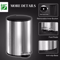 HOMCOM 20L Kitchen Pedal Bin, Stainless Steel Bin with Soft-close Lid, Silver - Additional view 5