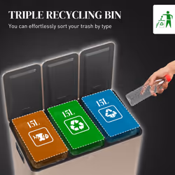 HOMCOM 3 x 15L Triple Kitchen Bin Pedal Bin for Recycling and Waste, Gold Tone