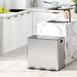 HOMCOM 3 x 15L Triple Kitchen Bin Pedal Bin for Recycling and Waste, Silver Tone