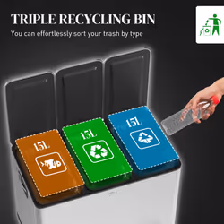 HOMCOM 3 x 15L Triple Kitchen Bin Pedal Bin for Recycling and Waste, Silver Tone