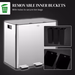 HOMCOM 3 x 15L Triple Kitchen Bin Pedal Bin for Recycling and Waste, Silver Tone - Additional view 5