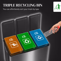 HOMCOM 3 x 15L Triple Kitchen Bin Pedal Bin for Recycling and Waste, Black