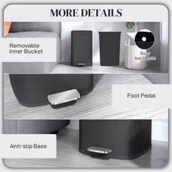 HOMCOM 20L Kitchen Pedal Bin, Metal Rubbish Bin with Soft-close Lid, Black - Additional view 6