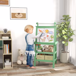 AIYAPLAY Double-Sided Art Easel for Kids w/ Paper Roll, Storage Baskets Green
