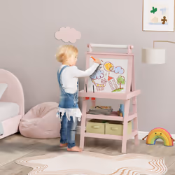 AIYAPLAY Double-Sided Art Easel for Kids w/ Paper Roll, Storage Baskets Pink