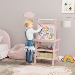 AIYAPLAY Double-Sided Art Easel for Kids w/ Paper Roll, Storage Baskets Pink