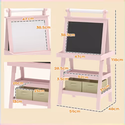 AIYAPLAY Double-Sided Art Easel for Kids w/ Paper Roll, Storage Baskets Pink