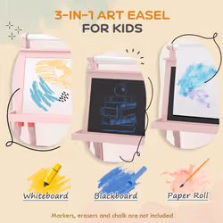 AIYAPLAY Double-Sided Art Easel for Kids w/ Paper Roll, Storage Baskets Pink