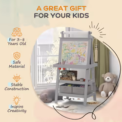 AIYAPLAY Double-Sided Art Easel for Kids w/ Paper Roll, Storage Baskets Grey - Additional view 4