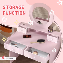 AIYAPLAY Kids Dressing Table Set w/ Stool, Mirror, Drawers - Pink - Additional view 4