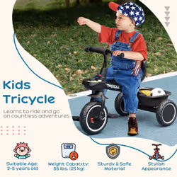 AIYAPLAY Kids Trike for 2 to 5 Years with Adjustable Seat, Baskets, Black
