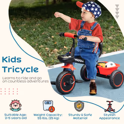 AIYAPLAY Kids Trike for 2 to 5 Years with Adjustable Seat, Baskets, Red