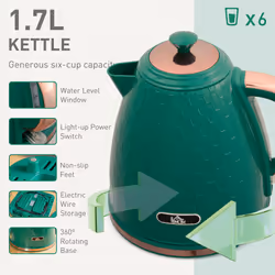 HOMCOM 1.7L Kettle and Toaster Set with Defrost Reheat and Crumb Tray Green