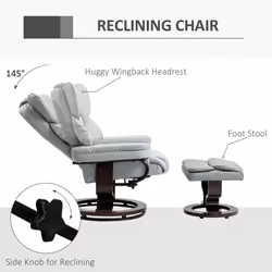 HOMCOM PU Leather Manual Reclining Armchair Footstool Padded Seat Light Grey