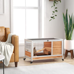 PawHut Wooden Guinea Pig Hutch 2-Floor Design w/ Wheels, Yellow