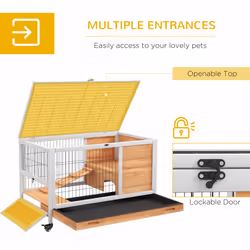 PawHut Wooden Guinea Pig Hutch 2-Floor Design w/ Wheels, Yellow
