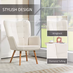 HOMCOM Upholstered Tufted Wingback Armchair with Seat Padding, Cream White