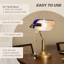 HOMCOM Banker's Table Lamp w/ Antique Bronze Tone Base, Blue - Additional view 4