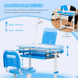 HOMCOM Kids Study Desk and Chair Set w/ USB Lamp, Adjustable Height, Blue