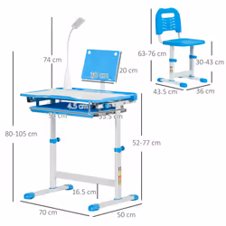 HOMCOM Kids Study Desk and Chair Set w/ USB Lamp, Adjustable Height, Blue - Additional view 5