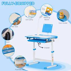 HOMCOM Kids Study Desk and Chair Set w/ USB Lamp, Adjustable Height, Blue - Additional view 7