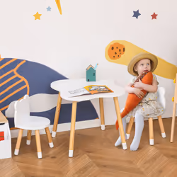 HOMCOM 3-Piece Kids Table and Chair Set with 2 Bear-Shaped Chairs, White