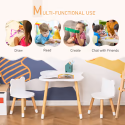 HOMCOM 3-Piece Kids Table and Chair Set with 2 Bear-Shaped Chairs, White