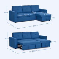 HOMCOM 3 Seater Sofa Bed, Convertible Pull Out Sofa with Storage, Dark Blue