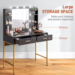 HOMCOM Makeup Vanity Desk Set with Lighted Mirror, Stool, Drawers, Black