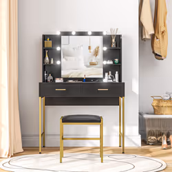 HOMCOM Makeup Vanity Desk Set with Lighted Mirror, Stool, Drawers, Black - Additional view 8