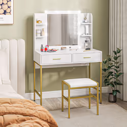 HOMCOM Makeup Vanity Desk Set with Lighted Mirror, Stool, Drawers, White