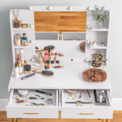 HOMCOM Makeup Vanity Desk Set with Lighted Mirror, Stool, Drawers, White - Additional view 5