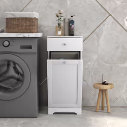 HOMCOM Bathroom Cabinet with Folding Laundry Hamper and Drawer, White - Additional view 5