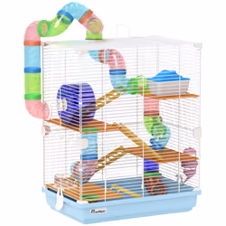 Pawhut 5 Tier Hamster Cage Carrier Habitat w/ Exercise Wheels, Light Blue
