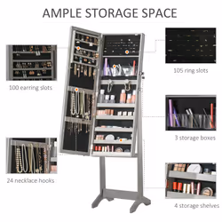 HOMCOM Mirrored Jewellery Cabinet W/ LED Light Lockable Jewellery Armoire Grey