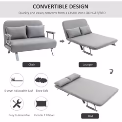 HOMCOM Fabric Convertible 2 Seater Sofa Bed w/ 2 Pillows, Light Grey