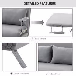 HOMCOM Fabric Convertible 2 Seater Sofa Bed w/ 2 Pillows, Light Grey - Additional view 4