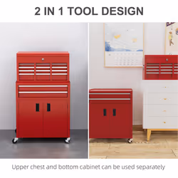 HOMCOM Top Chest and Roller Cabinet Combo Metal Tool Cabinet on Wheels Red