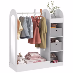 AIYAPLAY Kids Clothes Rail with Storage Shelf, Boxes, Mirror, White