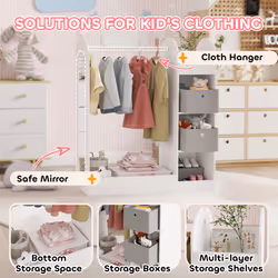 AIYAPLAY Kids Clothes Rail with Storage Shelf, Boxes, Mirror, White