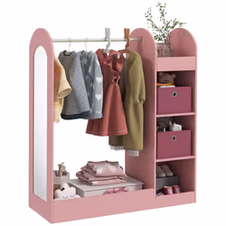 AIYAPLAY Kids Clothes Rail with Storage Shelf, Boxes, Mirror, Pink